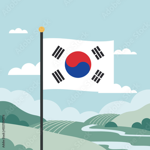 The flag of South Korea is depicted with music notes flowing from it, symbolizing harmony and culture.