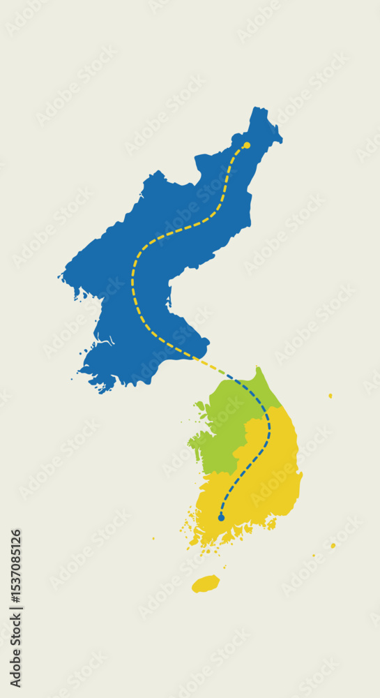 Fototapeta premium A circular, stylized map of South Korea, with lines indicating movement, and dotted pathways representing connections or transportation routes.