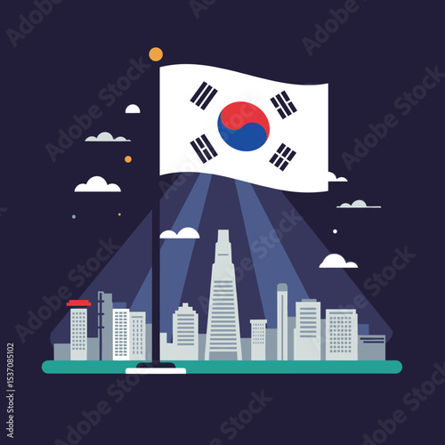 The flag of South Korea is depicted with music notes flowing from it, symbolizing harmony and culture.