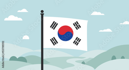 The flag of South Korea is depicted with music notes flowing from it, symbolizing harmony and culture.