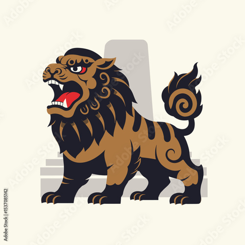 A traditional lion statue, possibly from Singapore, often seen in symbols representing strength, power, or heritage.