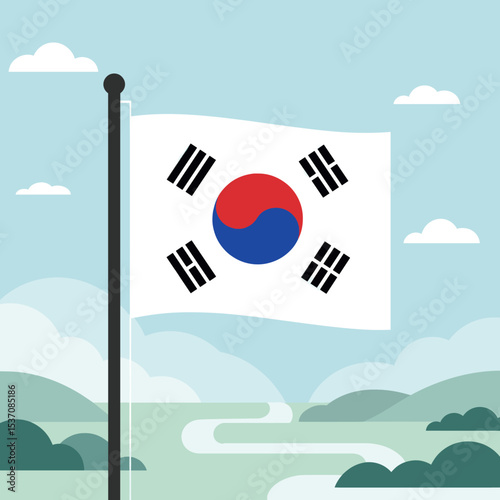 A clear blue sky background highlights the South Korean flag waving gently, representing national pride and identity.