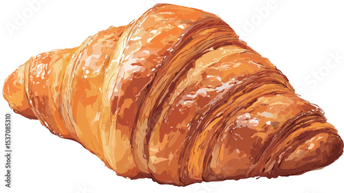 Close-up studio shot of a single croissant. The croissant is depicted with a high level of detail, showcasing its layered, flaky texture and golden-brown color.  The lighting is even