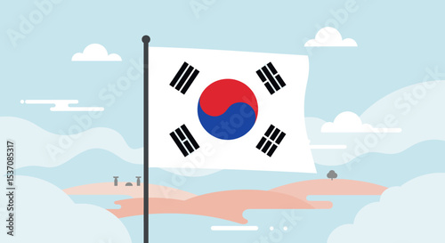 The flag of South Korea is depicted with music notes flowing from it, symbolizing harmony and culture.
