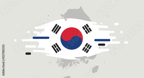 The flag of South Korea is depicted with music notes flowing from it, symbolizing harmony and culture.