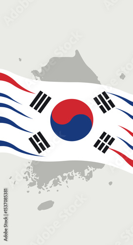 The flag of South Korea is depicted with music notes flowing from it, symbolizing harmony and culture.