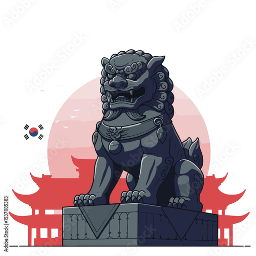A traditional lion statue, possibly from Singapore, often seen in symbols representing strength, power, or heritage.
