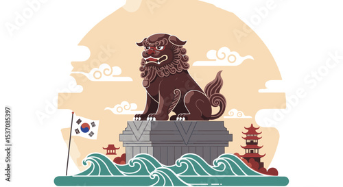 A traditional lion statue, possibly from Singapore, often seen in symbols representing strength, power, or heritage.