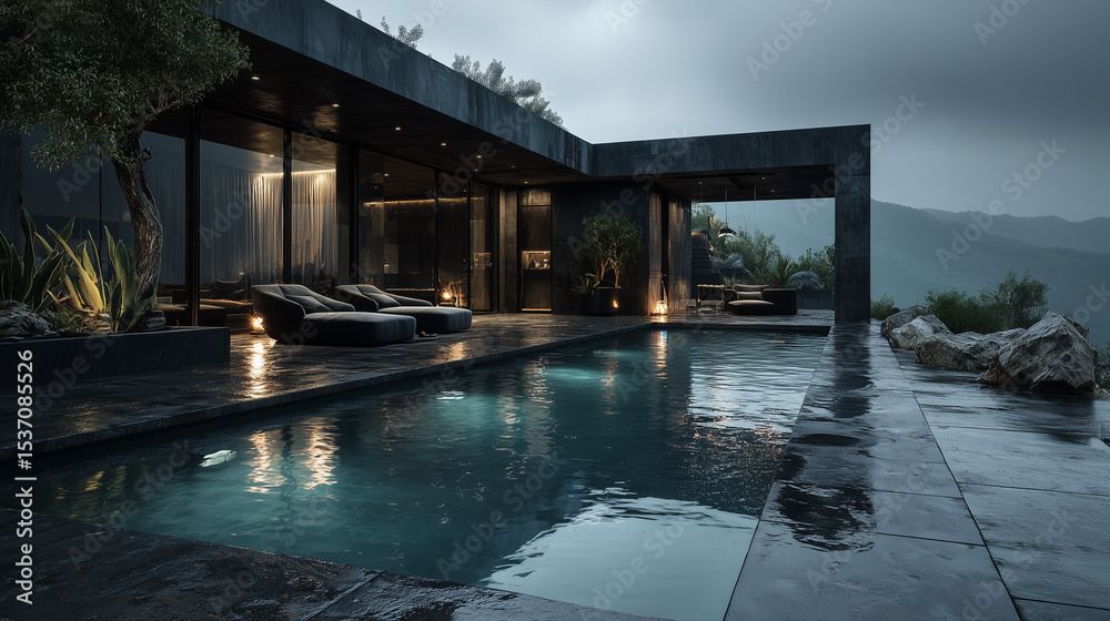 Obraz premium Beautiful private swimming pool and two stories modern house in the middle of forest , raining , dark mood.