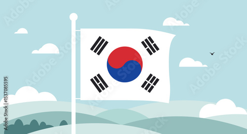 The South Korean flag flying in the air with a bright and clear sky as a backdrop. The flag features the red and blue symbol of the country in the center, with black trigrams on each corner.