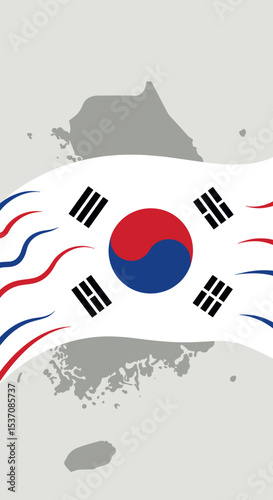 The South Korean flag flying in the air with a bright and clear sky as a backdrop. The flag features the red and blue symbol of the country in the center, with black trigrams on each corner.
