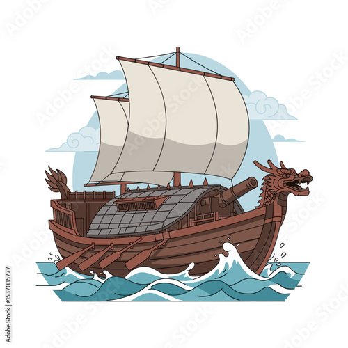 A traditional wooden ship with a dragon-shaped prow, sailing on the waves. This vessel likely symbolizes strength, power, and adventure.
