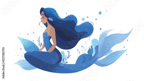 A digital illustration depicts a stylized mermaid with long flowing blue hair, sitting amidst stylized blue watercolor-like leaves and floral elements. The mermaid is rendered in a soft, painterly