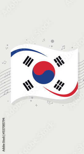 The South Korean flag flying in the air with a bright and clear sky as a backdrop. The flag features the red and blue symbol of the country in the center, with black trigrams on each corner.