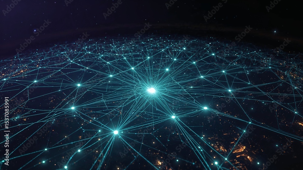 Obraz premium Global network of interconnected cities at night.