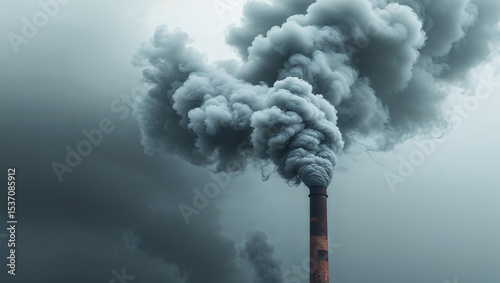 Industrial chimney releasing huge toxic dark smoke into cloudy sky