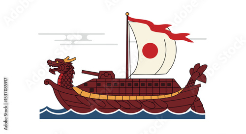 A traditional wooden ship with a dragon-shaped prow, sailing on the waves. This vessel likely symbolizes strength, power, and adventure.