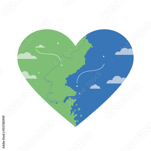  A heart-shaped design with two contrasting colors, representing the division between two regions, possibly a depiction of the Korean Peninsula, with green and blue sides indicating North and South Ko