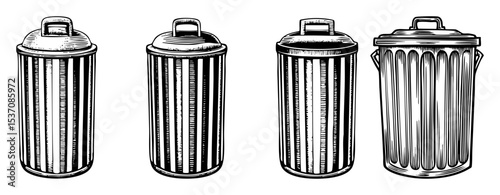 Vector Four vintage metal trash receptacles stand in a row.