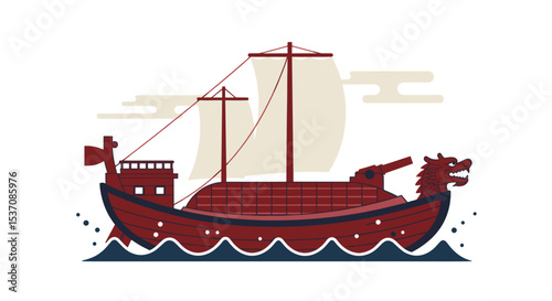 A traditional wooden ship with a dragon-shaped prow, sailing on the waves. This vessel likely symbolizes strength, power, and adventure.