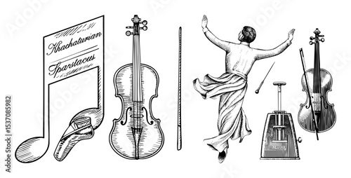 Vector Classical music elements including a score violin dancer and harp .