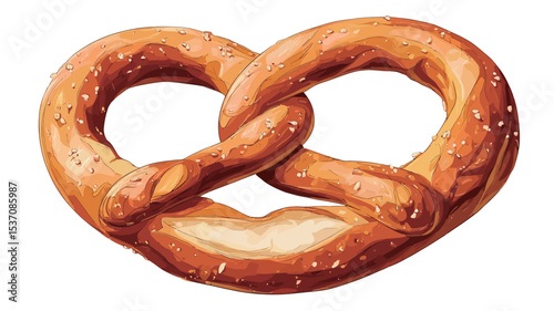 A high-angle, close-up studio shot of a single soft pretzel against a white background. The pretzel is golden brown, exhibiting a slightly glossy texture, and shows detail of its knotted shape and