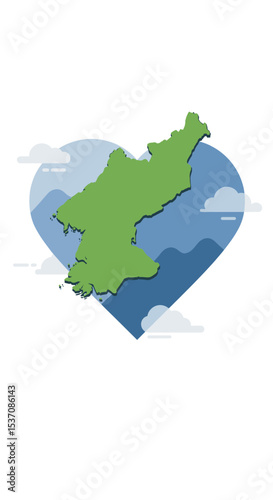  A heart-shaped design with two contrasting colors, representing the division between two regions, possibly a depiction of the Korean Peninsula, with green and blue sides indicating North and South Ko