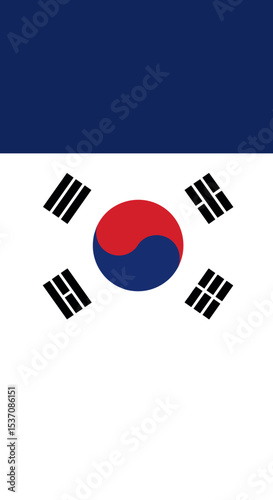 The South Korean flag flying in the air with a bright and clear sky as a backdrop. The flag features the red and blue symbol of the country in the center, with black trigrams on each corner.
