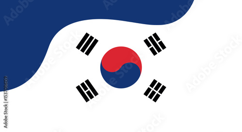 The South Korean flag flying in the air with a bright and clear sky as a backdrop. The flag features the red and blue symbol of the country in the center, with black trigrams on each corner.
