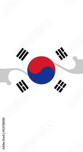 The South Korean flag flying in the air with a bright and clear sky as a backdrop. The flag features the red and blue symbol of the country in the center, with black trigrams on each corner.