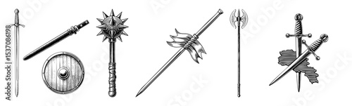 Vector Vintage weaponry collection featuring swords maces axes and shields in a detailed engraving style.