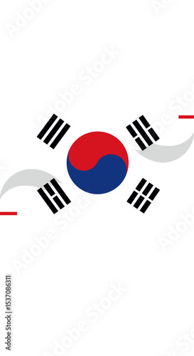 The South Korean flag flying in the air with a bright and clear sky as a backdrop. The flag features the red and blue symbol of the country in the center, with black trigrams on each corner.