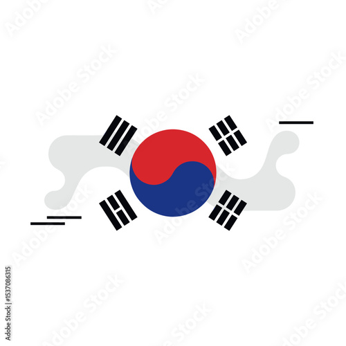 The South Korean flag flying in the air with a bright and clear sky as a backdrop. The flag features the red and blue symbol of the country in the center, with black trigrams on each corner.