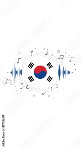 The South Korean flag flying in the air with a bright and clear sky as a backdrop. The flag features the red and blue symbol of the country in the center, with black trigrams on each corner.