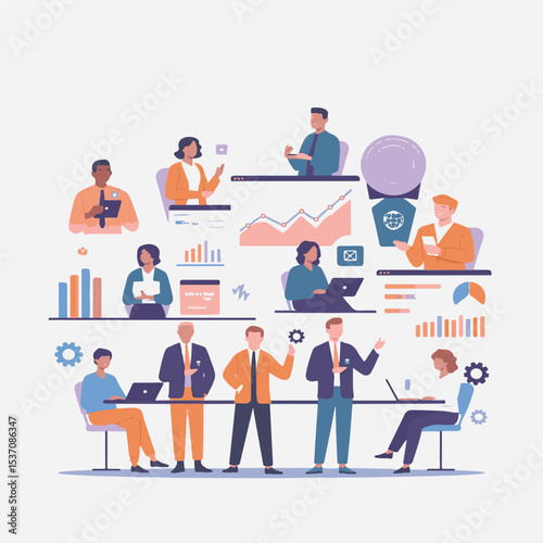 Business Teamwork and Office Collaboration Vector – Corporate Meeting and Strategy Concept