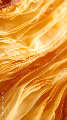 Close-up View of Delicate Golden Pastry Layers Ready for Baking in a Warm Kitchen