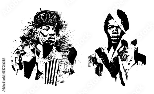 Vector Distinct monochrome portraits of two influential figures rendered in a bold style. photo
