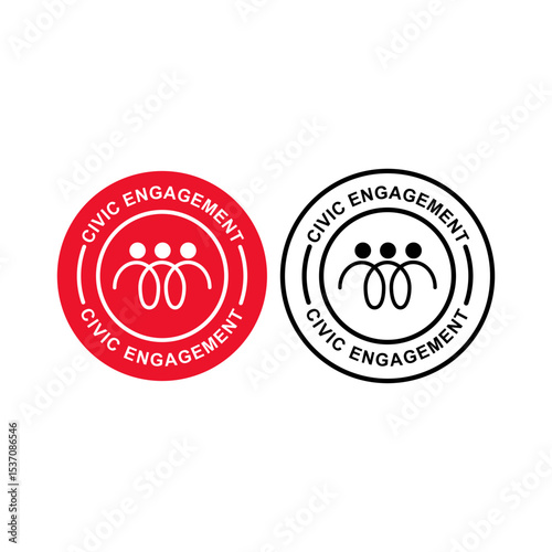 "Civic Engagement" seals in red and black, showing three interconnected people. Represents community, unity, and social participation.