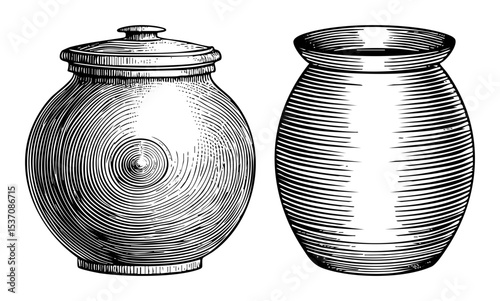 Vector Vintage ceramic containers with detailed linear textures are displayed side-by-side.