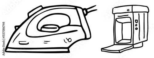 Vector Household appliances an iron and a small cabinet depicted as clean vector illustrations.