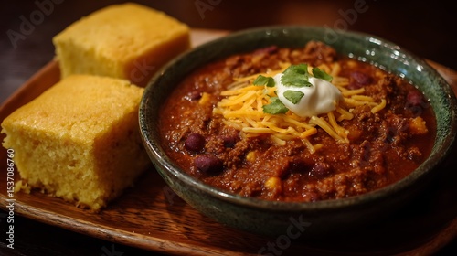 Bowl of chili served with cornbread on wood plate