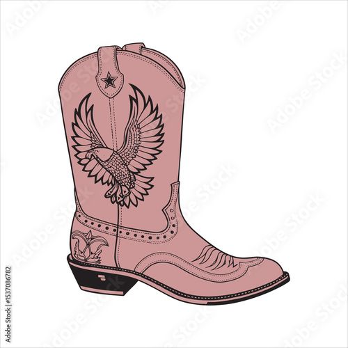 Western Cowboy Boot with Eagle Emblem – Black and White Line Art Vector for Tracing or Coloring

