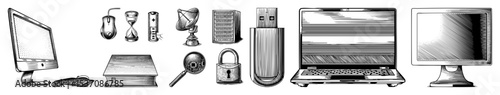 Vector Detailed of computer components and peripherals in a vintage style.
