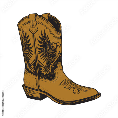 Western Cowboy Boot with Eagle Emblem – Black and White Line Art Vector for Tracing or Coloring

