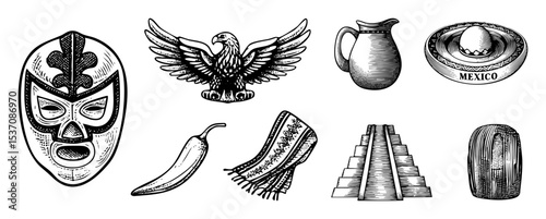Vector Illustrative collection showcasing Mexican cultural symbols including a luchador mask eagle and ancient .