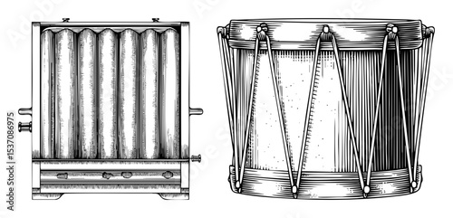 Vector Vintage musical instruments a button accordion and a large bass drum are depicted in detailed engravings.