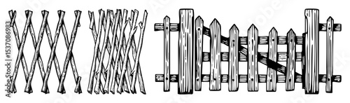 Vector Rustic wooden fences constructed with interwoven and stacked poles create a textured boundary.