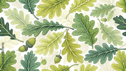 Seamless pattern of detailed oak leaves and acorns on white background