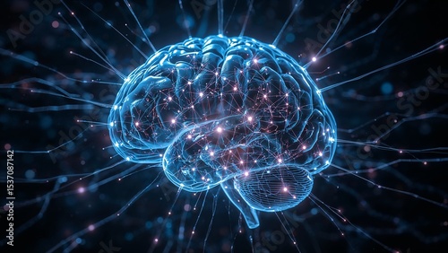 A digital illustration of a human brain, showing neural pathways.