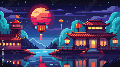 Pixel Art of Lantern Festival – Traditional Chinese Celebration in Retro Pixel Style